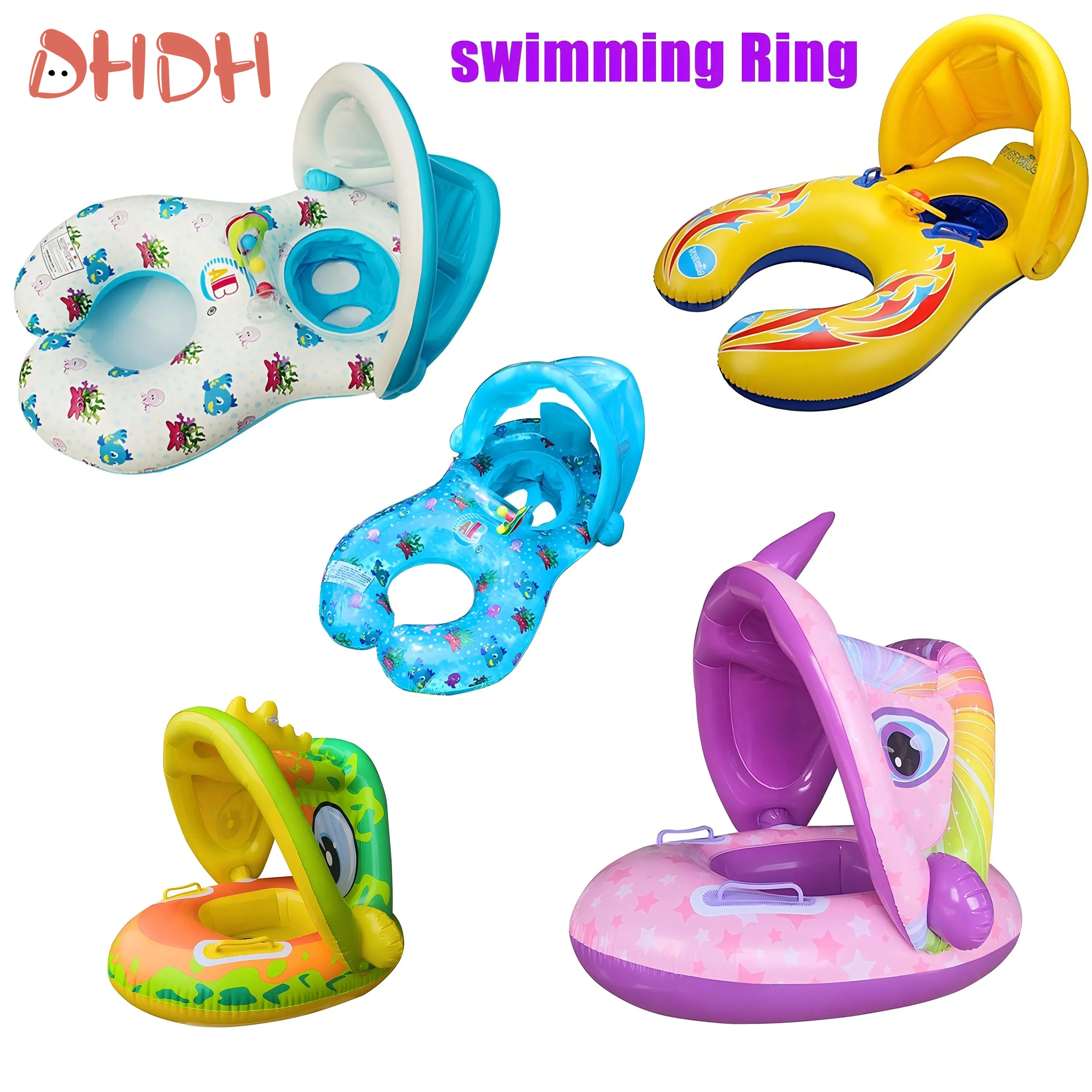 Pool Float Ring Inflatable - ห่วงยางว่ายน้ำสำหรับเด็กพร้อมที่บังแดด – ห่วงยางว่ายน้ำแบบเป่าลมสำหรับเด็กวัยหัดเดิน ปลอดภัยสำหรับการฝึกว่ายน้ำในสระว่ายน้ำและชายหาด สำหรับเด็กอายุ 2-6