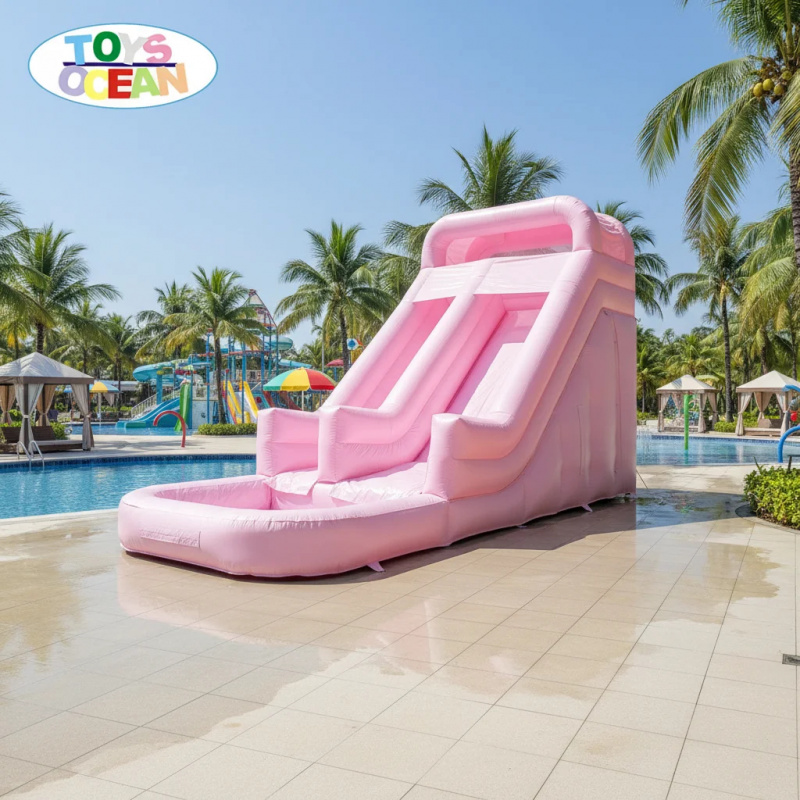 Water Slide Inflatable - สไลเดอร์น้ำเป่าลมสีชมพูแบบสองเลนสำหรับใช้งานเชิงพาณิชย์ พร้อมสระน้ำ - สไลเดอร์น้ำ PVC ทนทานสำหรับเด็กและผู้ใหญ่
