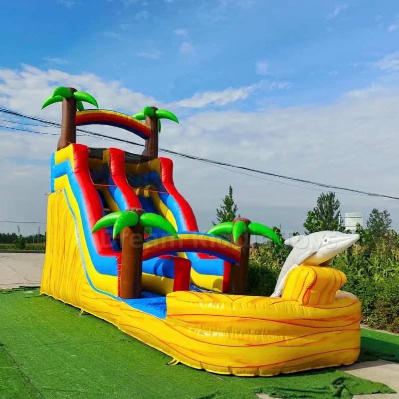 Water Slide Inflatable - สไลเดอร์น้ำเป่าลมธีมโลมาเขตร้อนขนาดใหญ่ พร้อมสระน้ำสำหรับลงจอด สไลเดอร์น้ำสำหรับงานหนักระดับมืออาชีพสำหรับงานปาร์ตี้กลางแจ้ง