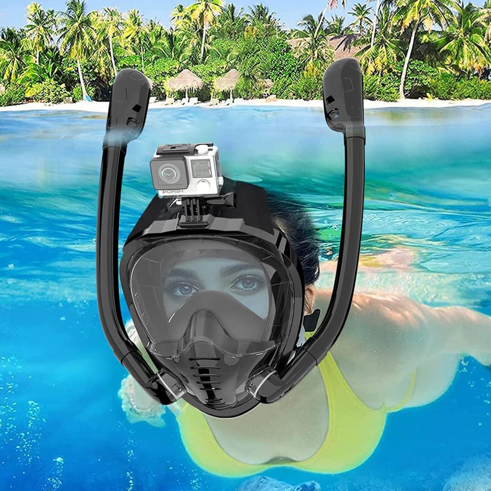 Snorkel Mask Full Face - มาส์กดําน้ําแบบเต็มหน้า 180 ° มุมมองแบบพาโนรามาซิลิโคนแห้งด้านบนดําน้ําตื้นแว่นตาว่ายน้ําพร้อมท่อหายใจ 2 อันป้องกันหมอกป้องกันการรั่วไหล