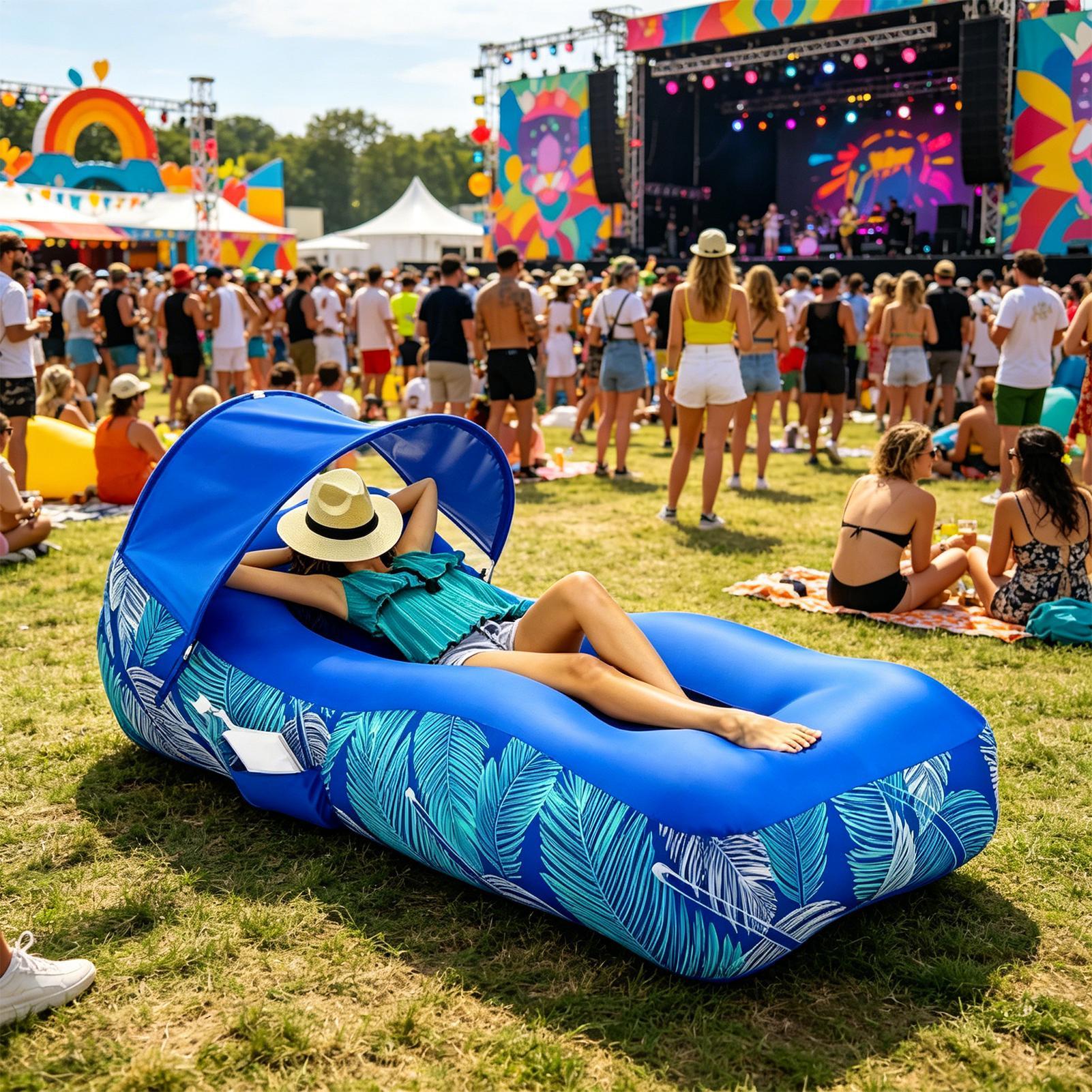 Pool Lounger Inflatable - เก้าอี้ลมพร้อมหลังคาบังแดดแบบพกพาสำหรับตั้งแคมป์ สวน และสระว่ายน้ำ เหมาะสำหรับพักผ่อนกลางแจ้งในฤดูร้อน