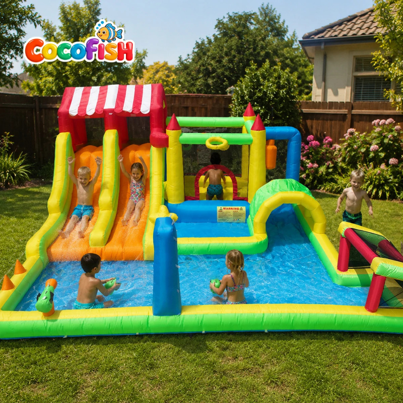 Water Slide Inflatable - บ้านลมเป่าลมธีมงานรื่นเริงสวนน้ำฤดูร้อน Cocofish Cocofish พร้อมสไลเดอร์คู่และปืนฉีดน้ำสำหรับเด็ก